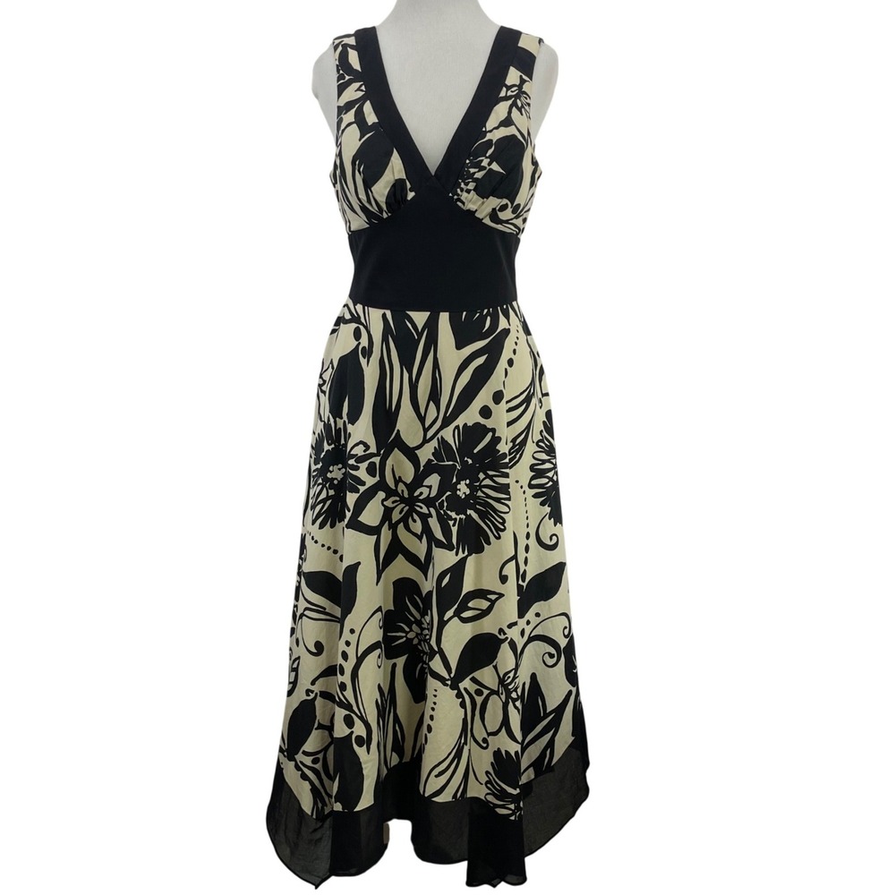 OC Oleg Cassini Size 6 Floral Handkerchief Hem Midi Dress 90s Y2K Black Small